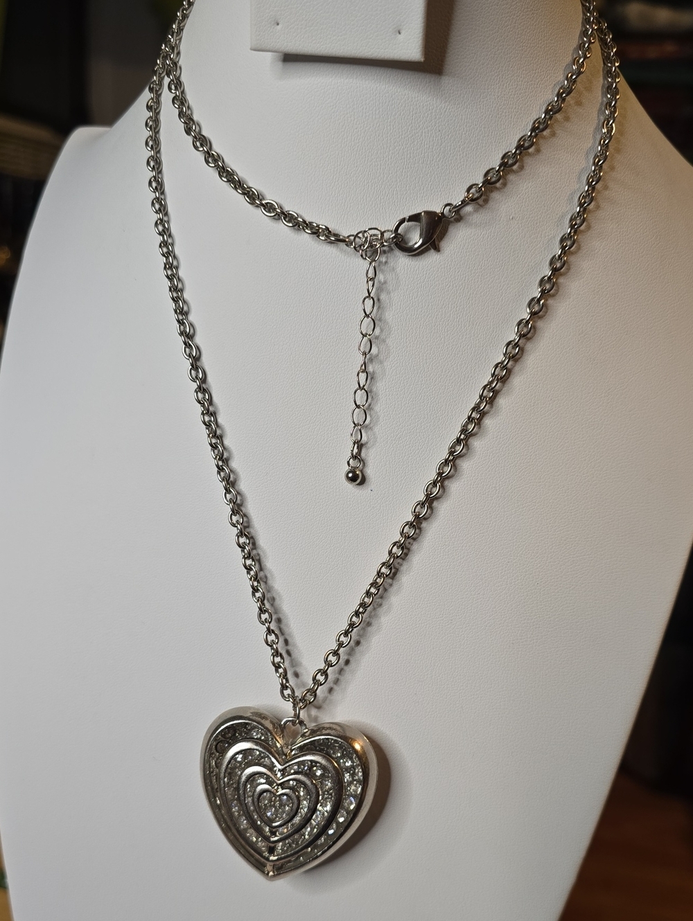 Women's Silver Layered Heart Pendant Necklace with Crystal Accents